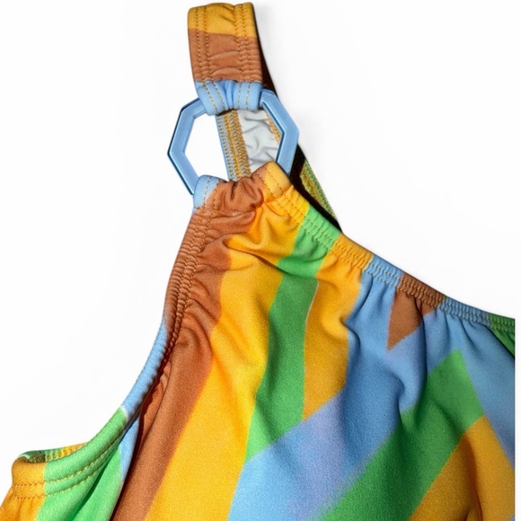 Shoshanna One-Shoulder Stripe Ring-Detail Swimsuit in Pastel Multi - Picture 4 of 7